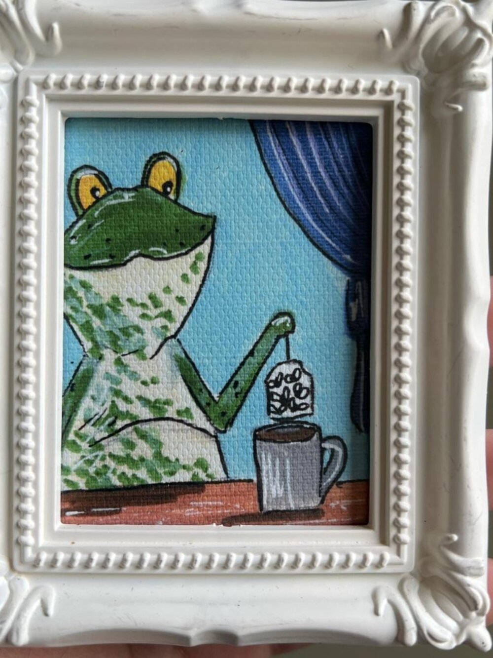 Mini Frog Tea Time Canvas Giclee Art Print | Ornate Framed Glass 3.5x4